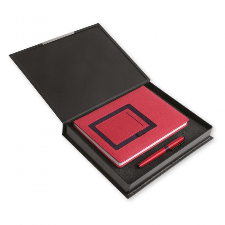 Kırmızı Defter ve Kalemli Siyah Kutulu Logo Baskılı VIP Promosyon Seti